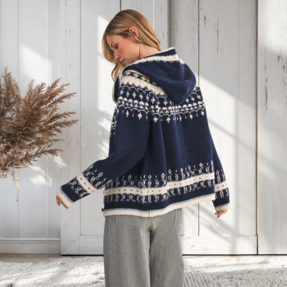 Navy Nordic Soft Button Down Knit Hooded Winter Cardigan Sweater Jacket - Picture 4 of 5